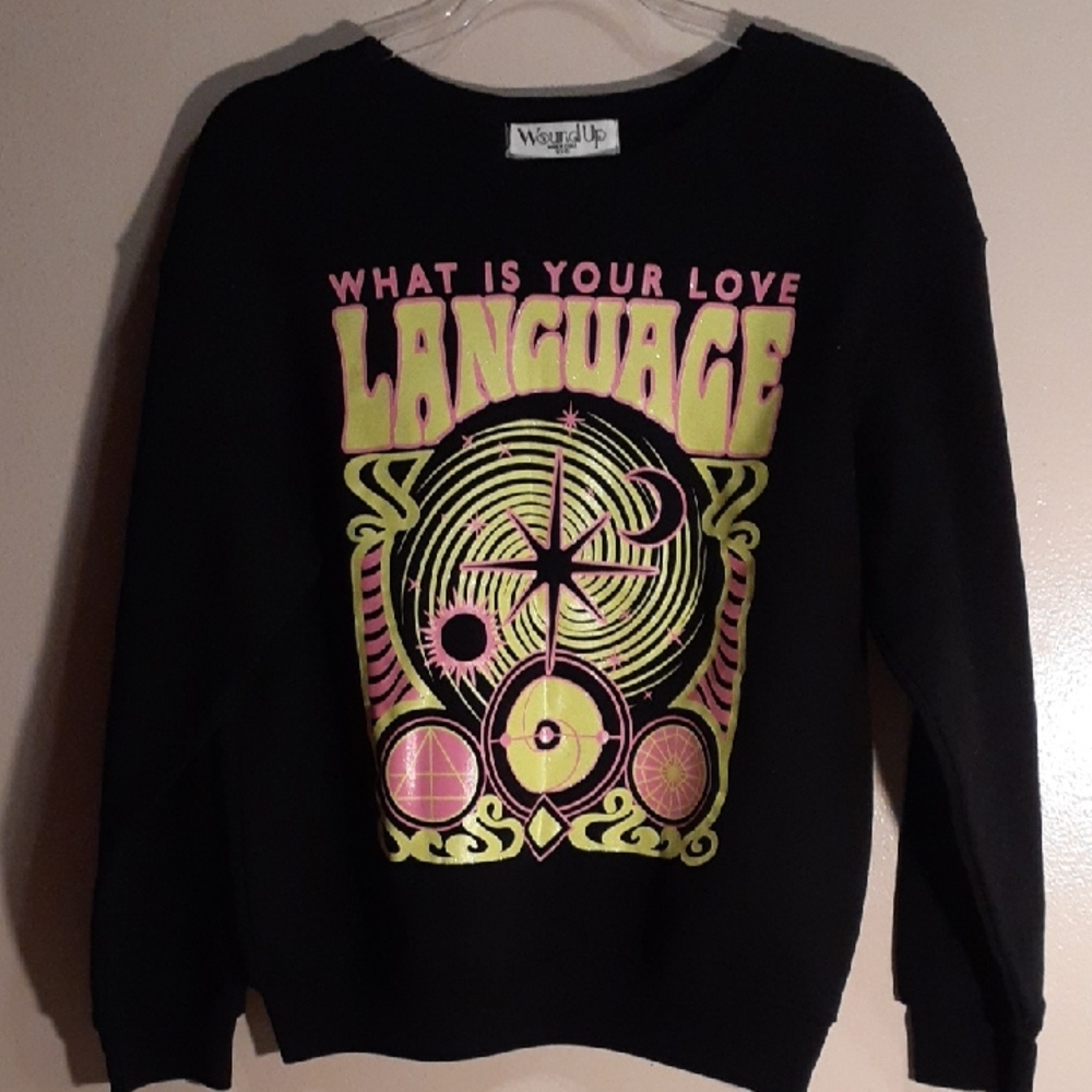 Wound Up Black Sweater with Pink and Yellow Design